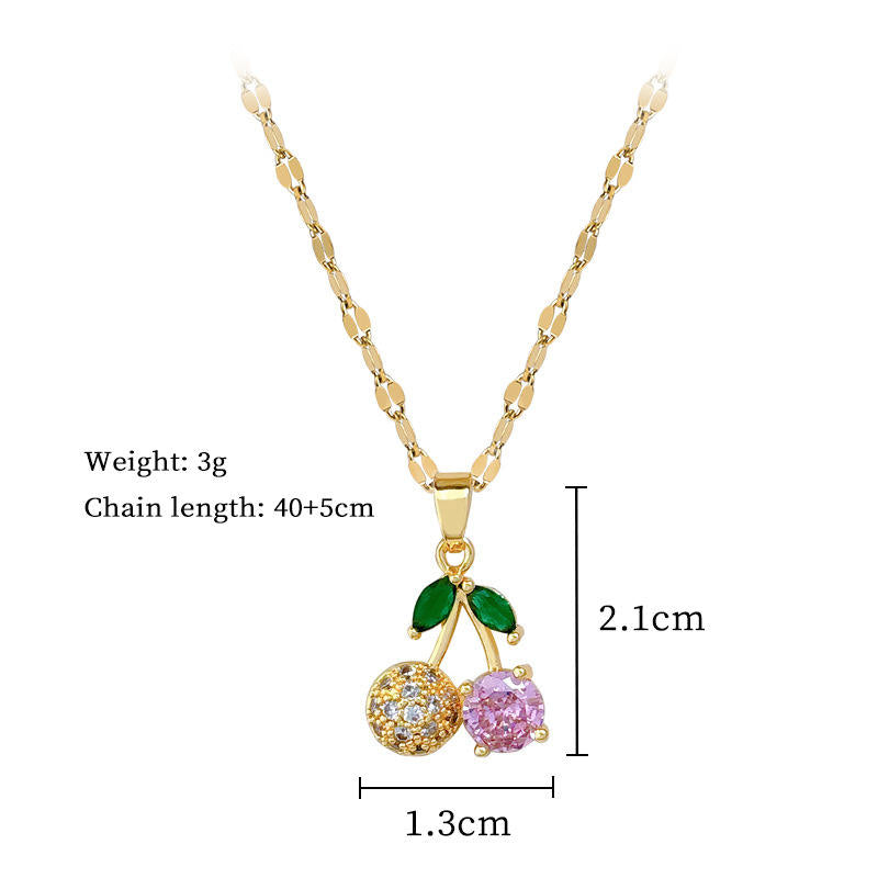 Dimensions of cherry pendant necklace: 2.1cm height, 1.3cm width, chain length 40+5cm, weight 3g
