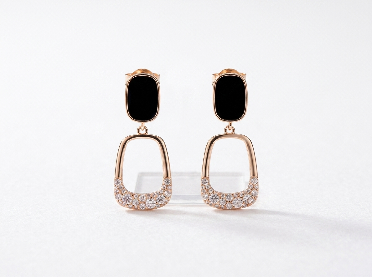 Black Stone & Gold Rectangular Drop Earrings – Modern Luxury Jewelry for Women