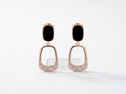 Black Stone & Gold Rectangular Drop Earrings – Modern Luxury Jewelry for Women