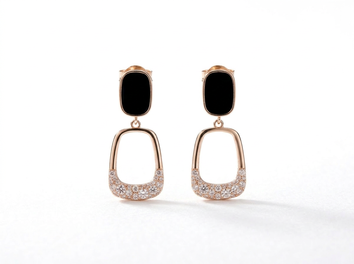 Black Stone & Gold Rectangular Drop Earrings – Modern Luxury Jewelry for Women