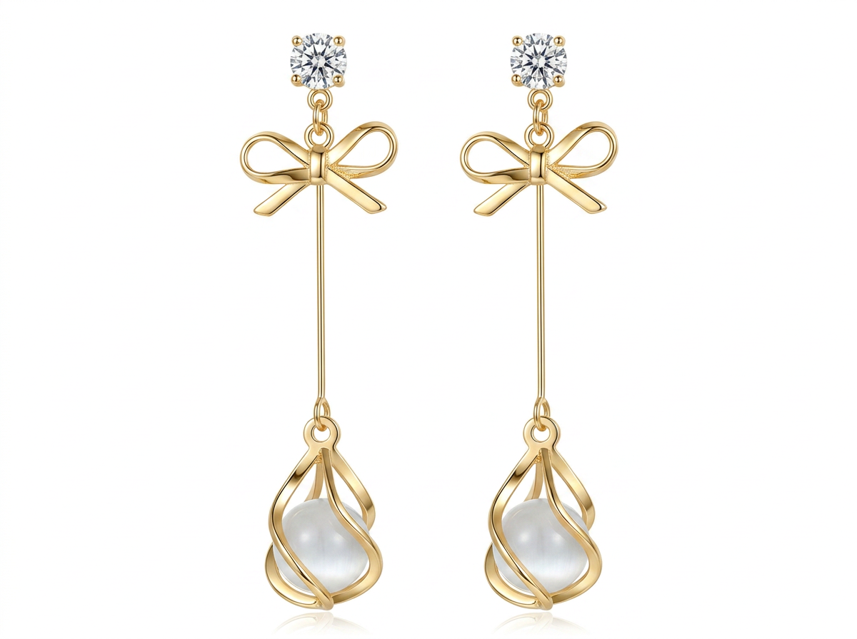 Gold Bow & Pearl Drop Earrings – Timeless Elegance for Women