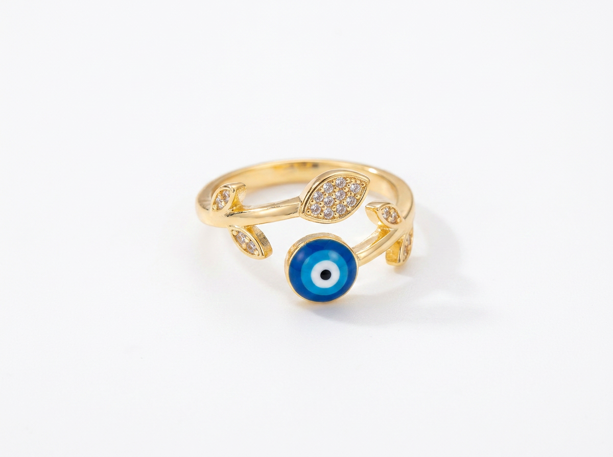 Gold Evil Eye Ring – Protective Charm with Crystal Leaf Accents