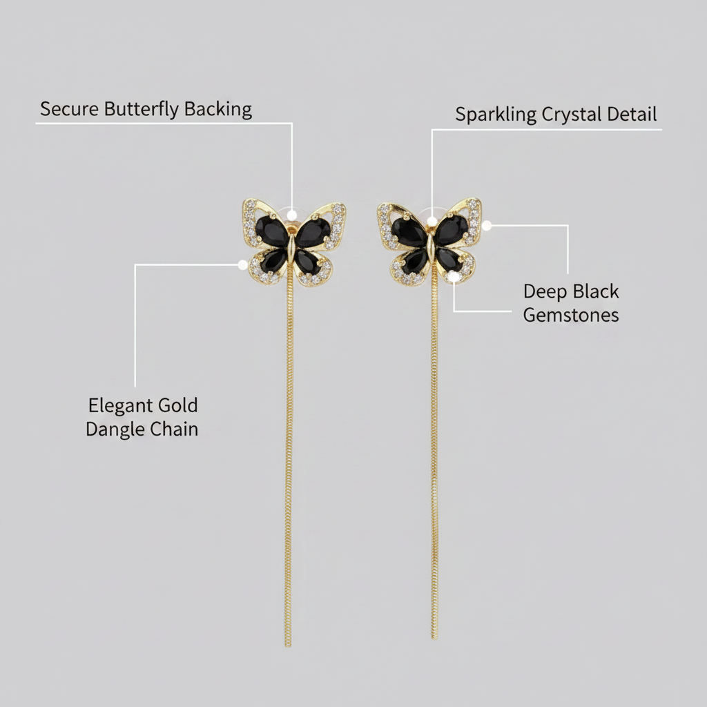 Butterfly Tassel Earrings – Elegant Black Gemstone & Gold Danglers