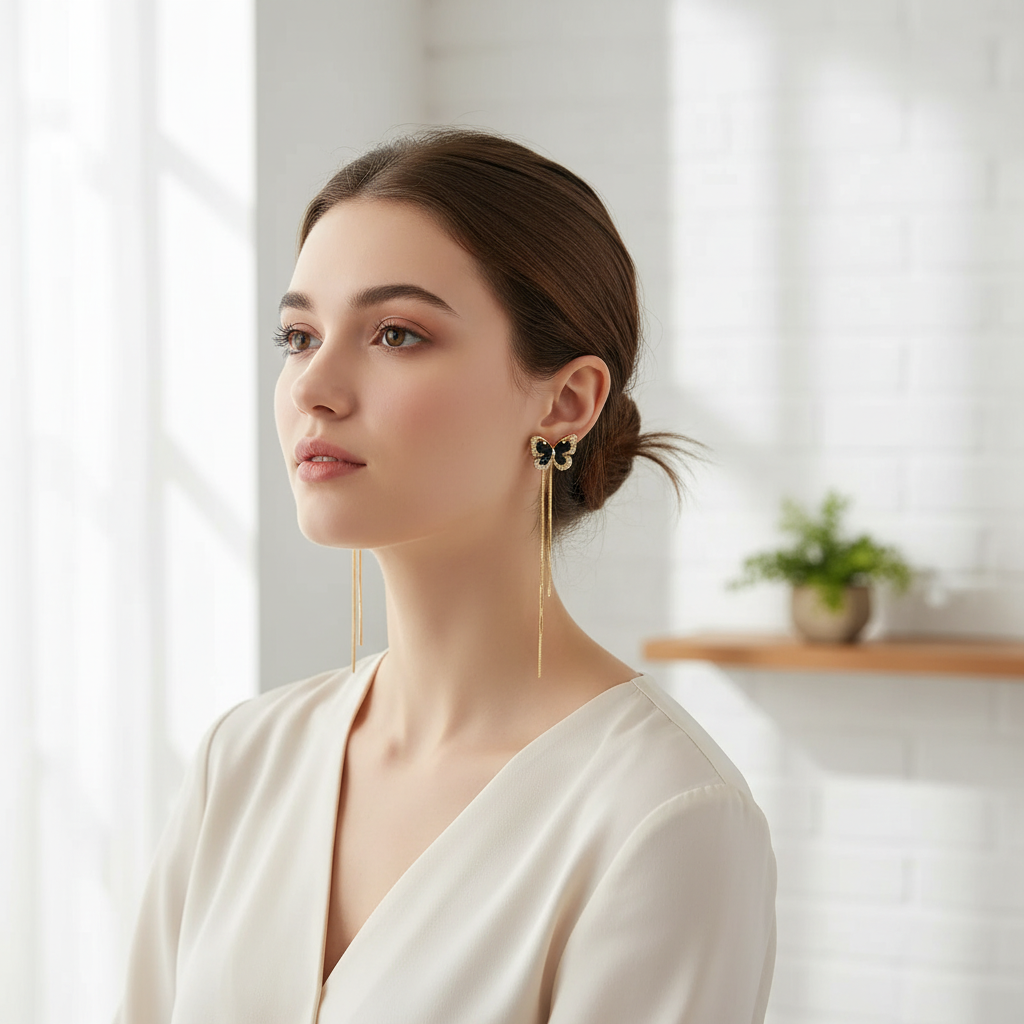 Butterfly Tassel Earrings – Elegant Black Gemstone & Gold Danglers