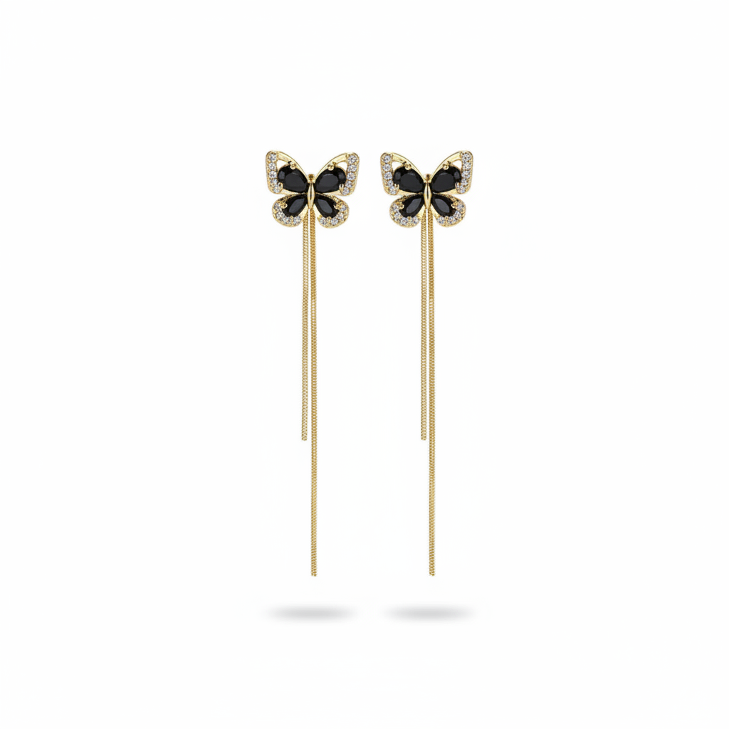 Butterfly Tassel Earrings – Elegant Black Gemstone & Gold Danglers